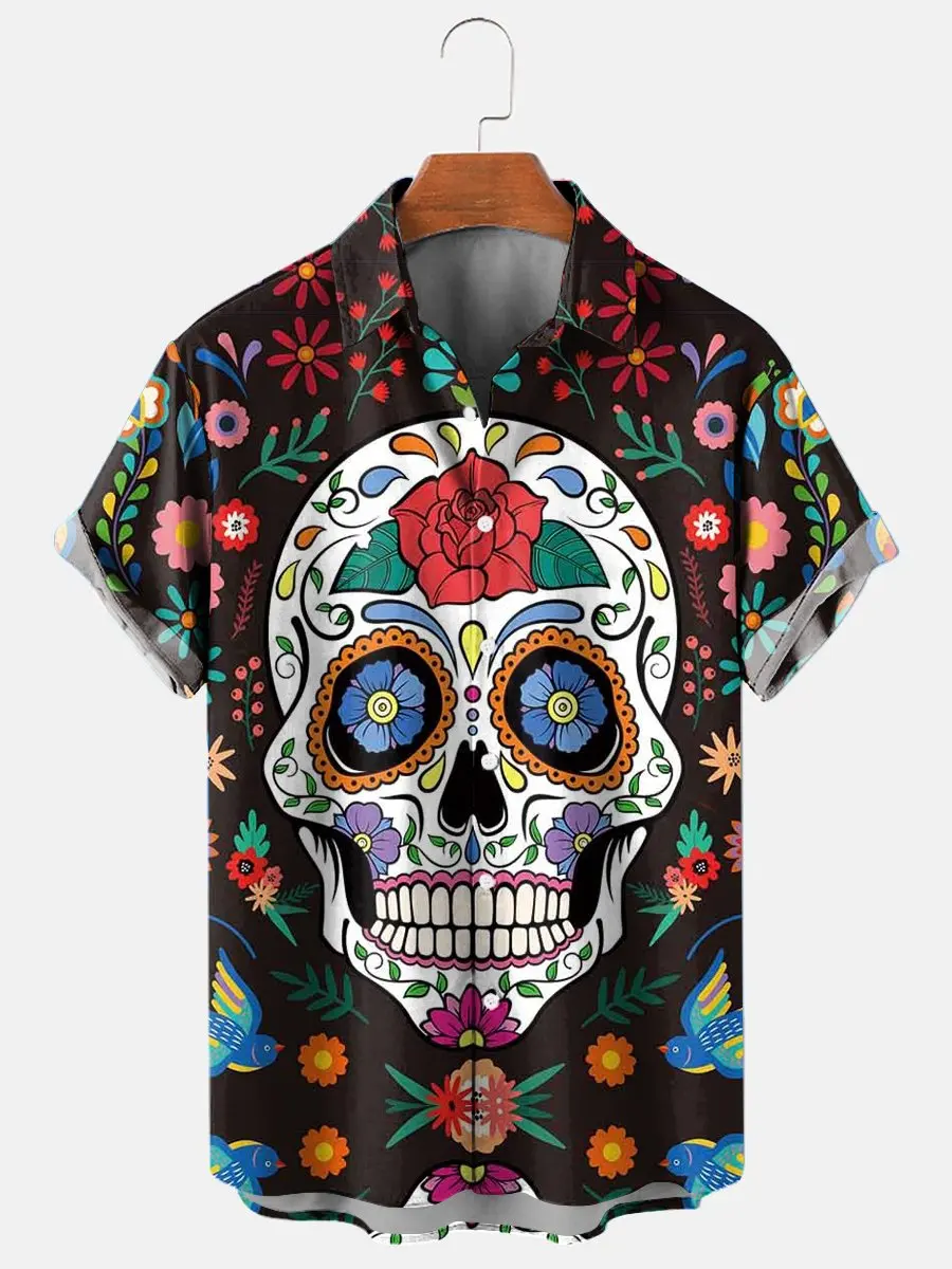 Mexico Sugar Skull Fashion Men\'s Shirts Funny Skull 3D Print Streetwear Short Sleeve Hawaiian Shirt Print Lapel Shirts For Men