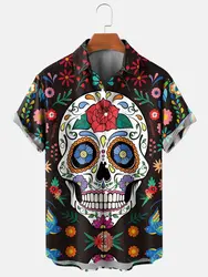 Camisa hawaiana de manga corta para hombre, ropa de calle con estampado 3D de calavera de azúcar de México, con solapa, a la moda