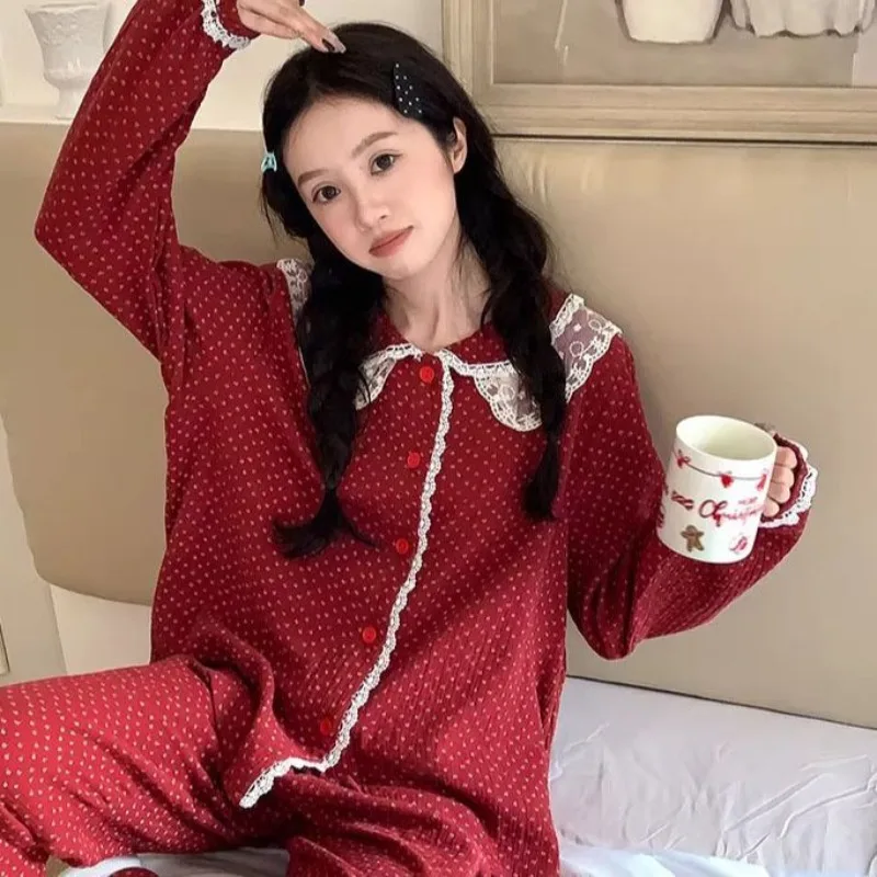 2026 Spring and Autumn New Pajamas Simple Cardigan Red High-end Sweet Suit Loose and Can Be Worn Outside Loungewear Women's Sets