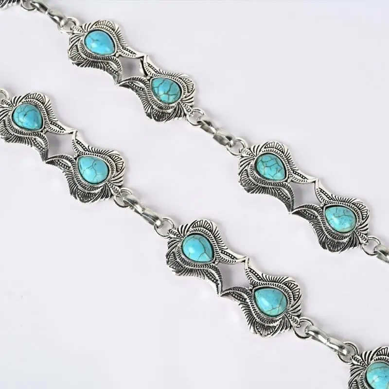 Delicate Relief Turquoise Buckle Waist Belt Women Prom Party Dress Belt Thin Shinning Ethnic Adjustable Belt
