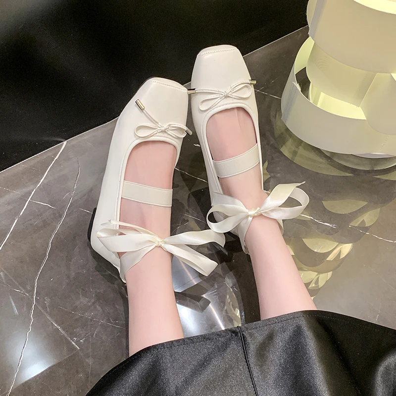 Sweet Bowtie Shoes Woman Silk&Leather Patchwork Ballerinas Ladies Square Pig Nose Toe Mocasines Femmes Silver Flats Ballets