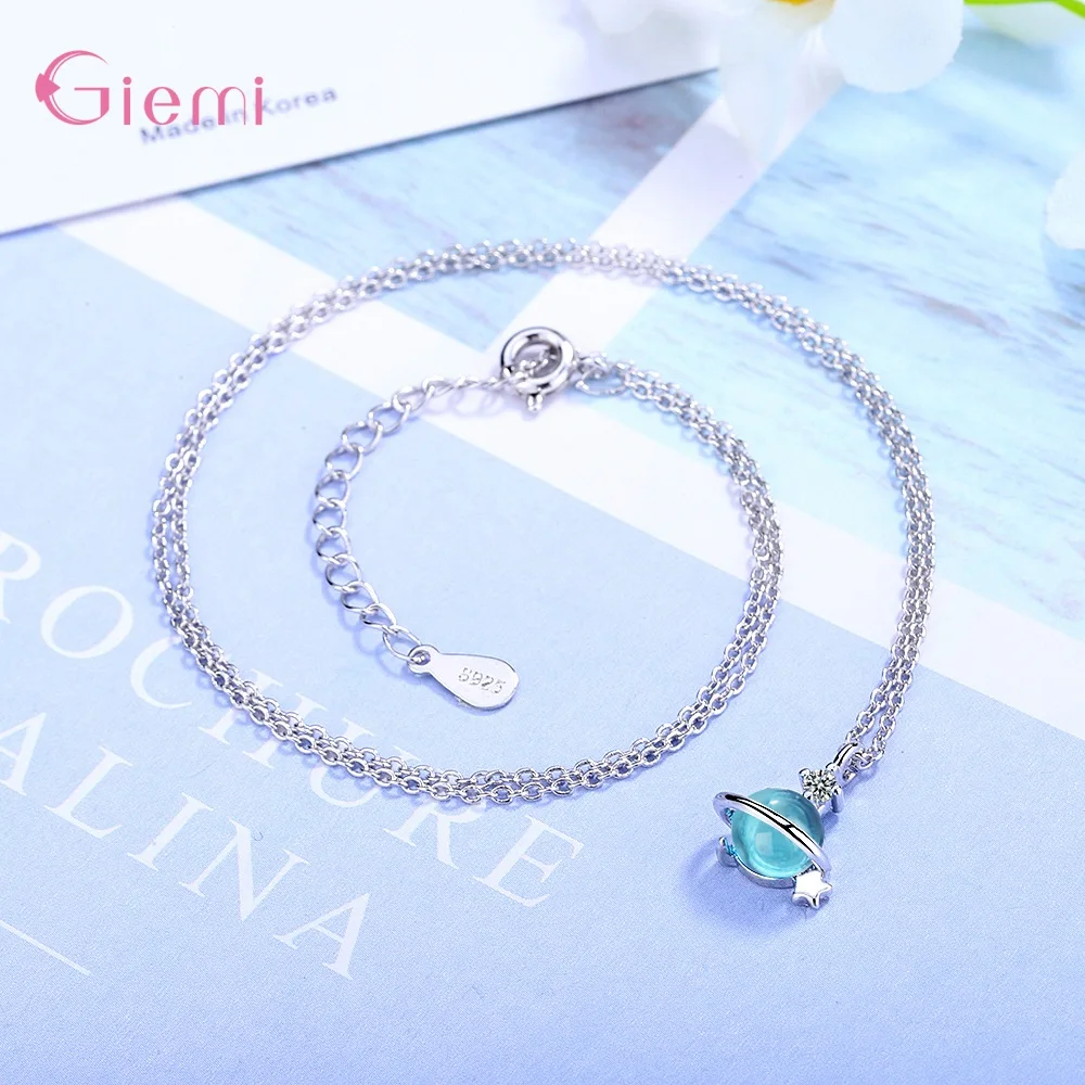 Exquisite 925 Sterling Silver Blue Planet Cubic Zircon Crystal Pendant Necklaces For Women Girls Party Fashion Jewelry Gifts