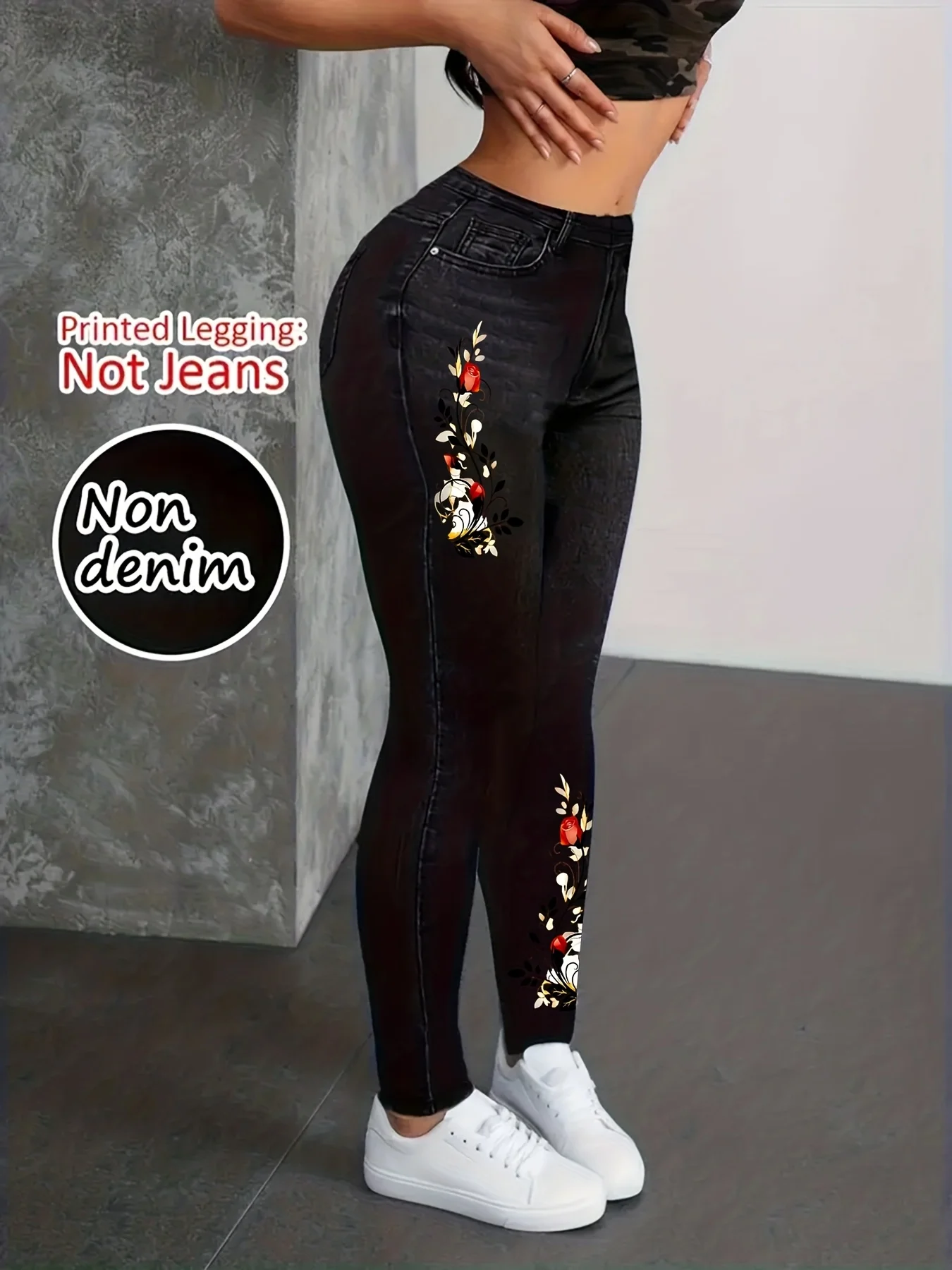 【Non-Denim】Women's Faux Denim Print Leggings, Sports Casual Skinny Pants, Thin Soft Skin-Friendly Yoga Pants, All Seasons Wear L