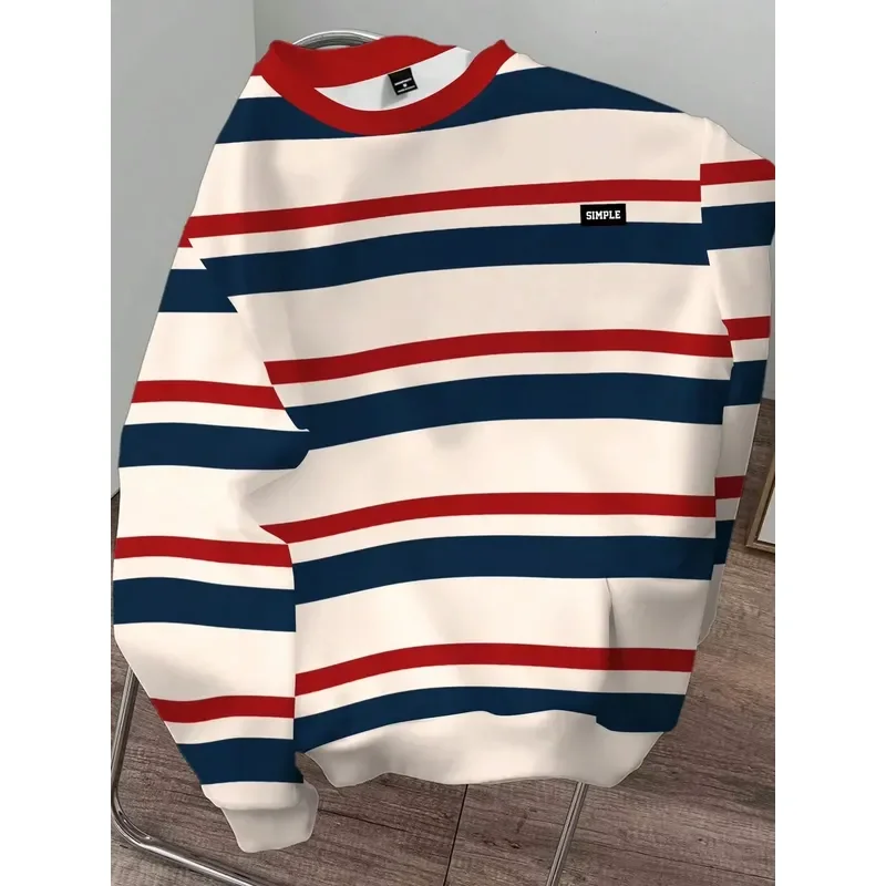 3D Print Casual Long Sleeve Fall Winter Men Round Neck Hoodie Striped Print Comfortable Soft Fashionable Streetwear 2026