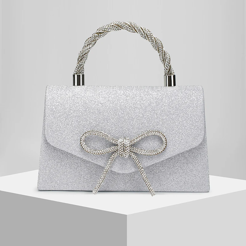 

New high-end evening clutch bag, crossbody bag for ladies, fashionable with diamond-embellished bow and chain