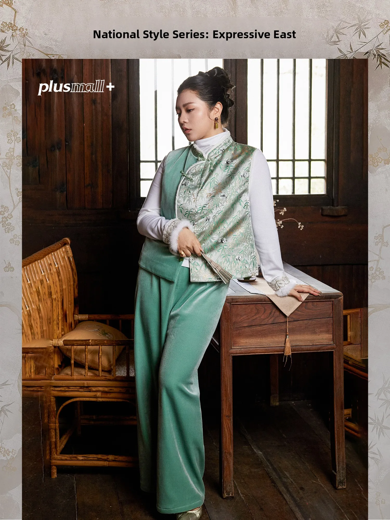 

Plusmall Warm Bamboo Fiber New Chinese Style Velvet Knitted Patchwork Elastic T-shirt Casual Commute Simple Pear Body Type