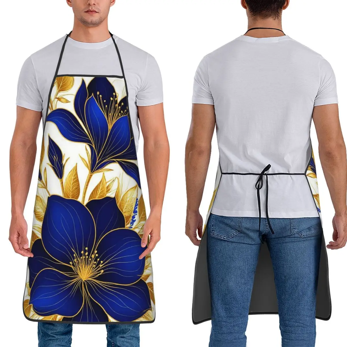 

Royal Blue And Bronze Green Flowers Colorful Apron Chef Baking Tablier Bib Kitchen Cleaning Pinafore for Women Men Gardening