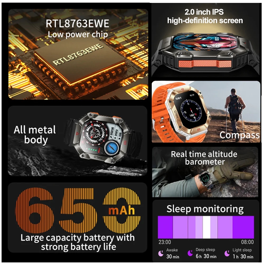 650mAh Battery Smartwatch Men Gift Compass Altitude Heart Rate Monitor Waterproof Fitness BT Call Smart Watch For Android IOS