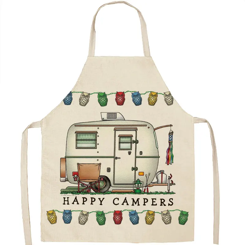 1pcs Kitchen Apron Sketch Camper Car Printed Sleeveless Cotton Linen Aprons For Men Women Home Cleaning Tools