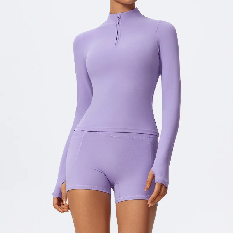 

Женская бесшовная куртка для фитнеса с высокой талией, быстросохнущим топом с длинными рукавами и дышащими бесшовными шортами, сплошной цвет