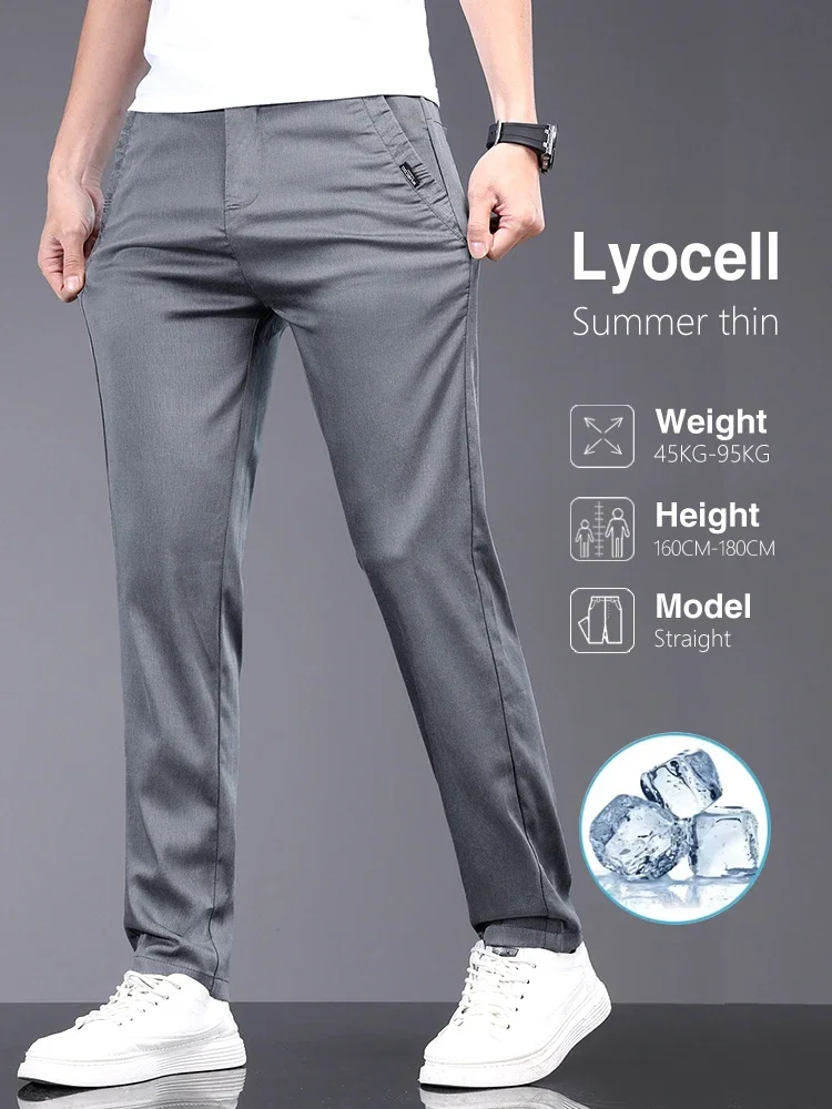 

Lyocell Fabric Summer Thin Men's Casual Pants Slim Straight Elastic Waist Solid Color Business Work Trousers Brand Clothes