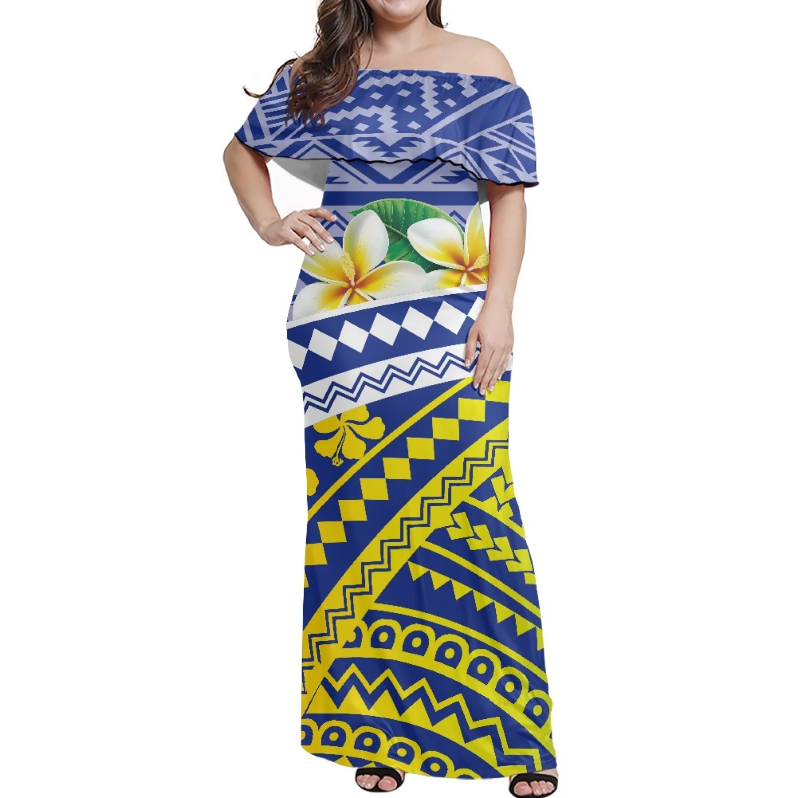 

Polynesian Tribal Fijian Totem Tattoo Fiji Print One Shoulder Short Sleeved Long Dress,Women's Elegant Casual Wear Evening Dress