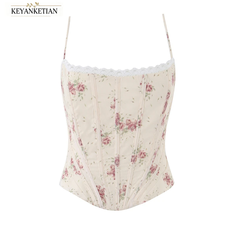 KEYANKETIAN Floral Corset Cami Top Square Neck Lace Trim Adjustable Thin Straps Back Lace Up Shark Hem Slim Vintage Bustier