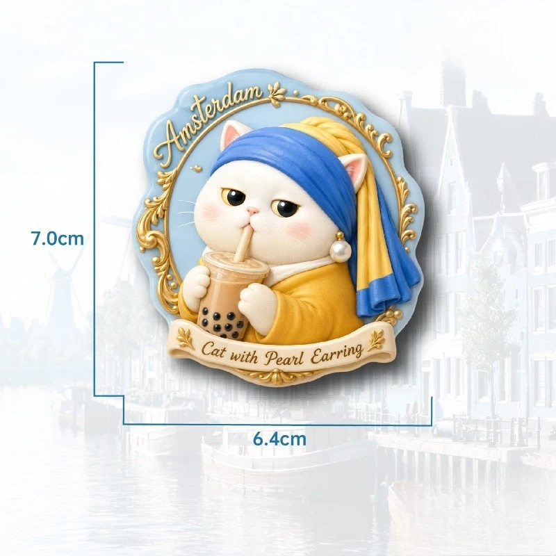 Amsterdam Melkthee Kat Koelkastmagneet - Schattig 3D Nederlands Souvenir Uniek Europees Cadeau voor Reizen & Leuke Keukendecoratie