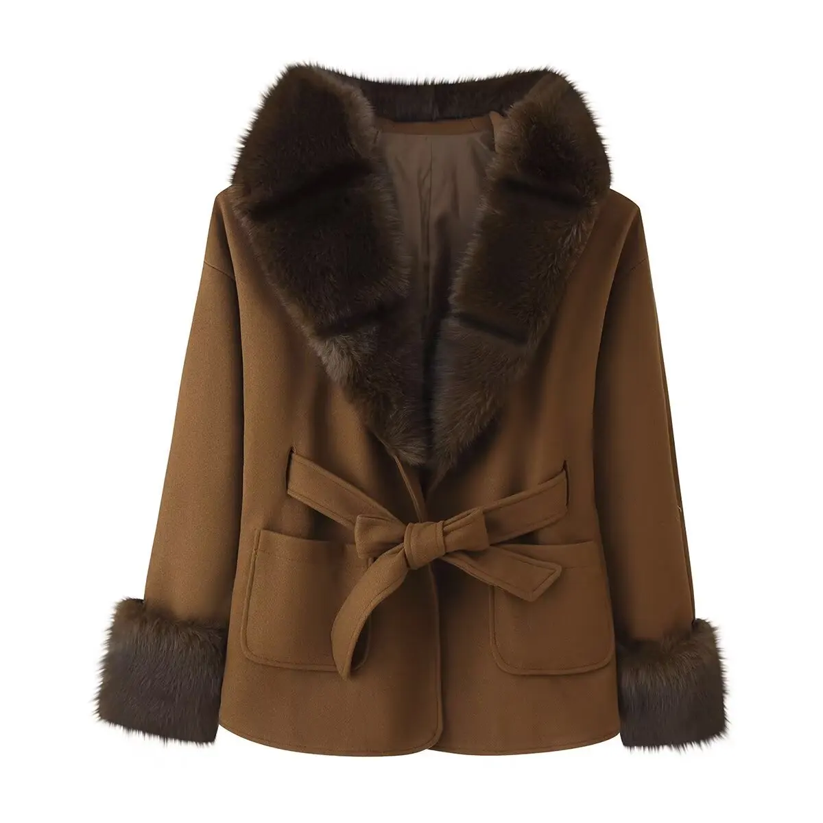 Women's Fashionable Casual Wool Coat with Fur Collar and Hood   GNMR