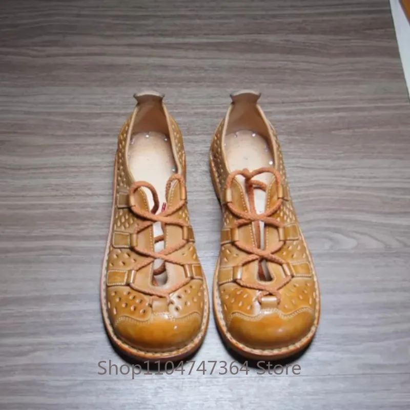 British Retro Genuine Leather Men's Shoes Lace-Up Hollow Out Breathable Flat Hole Shoes Male Summer Comfort Casual Handmade