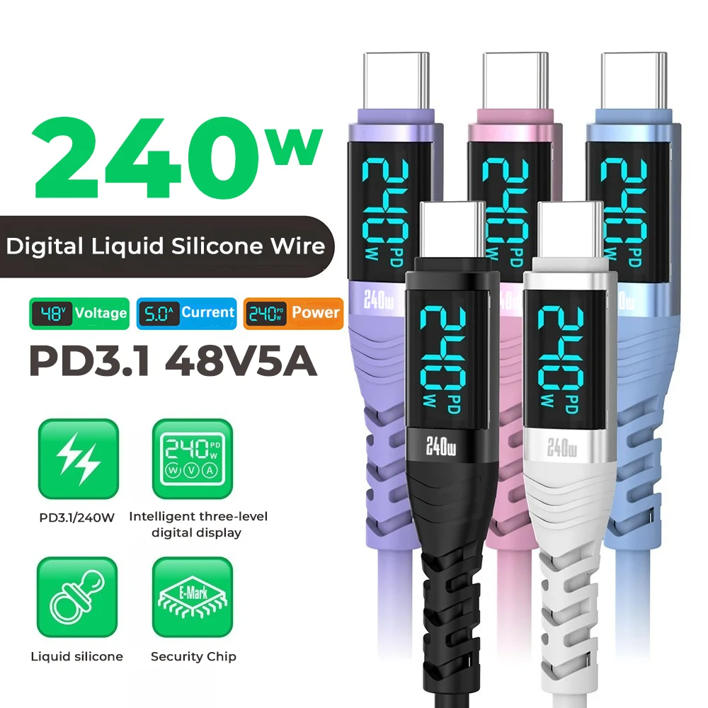 NNBILI 240W Digital display USB C To USB C Liquid silicone Cable PD 3.1 Fast Charging Wire For Macbook Pro for iPhone 17 pro max