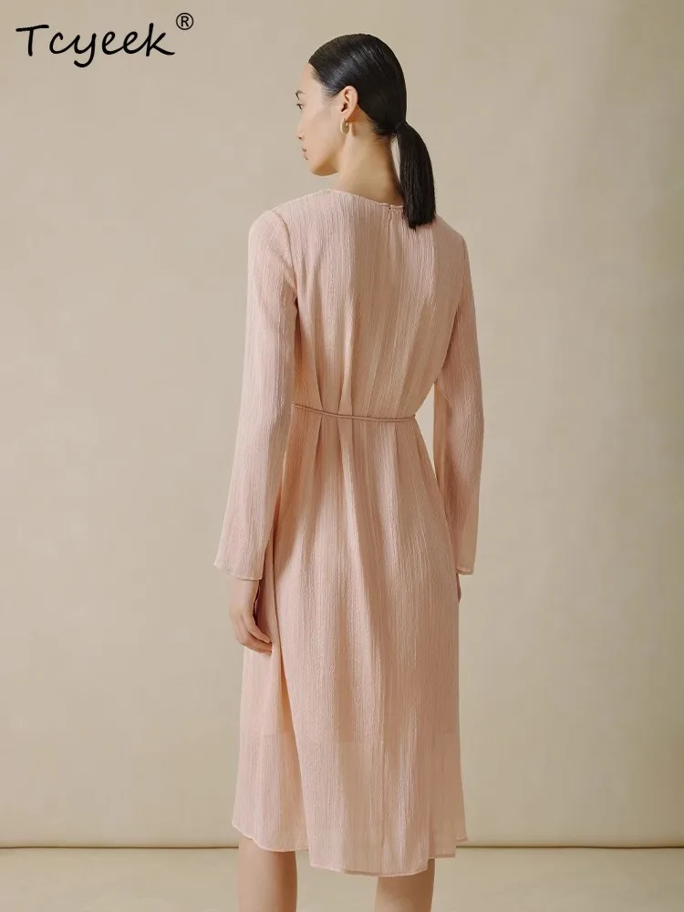 Tcyeek 10MM 100% vera seta abiti eleganti donna striscia irregolare manica lunga semplice OL vestito da partito 2024 primavera estate D3D768QM
