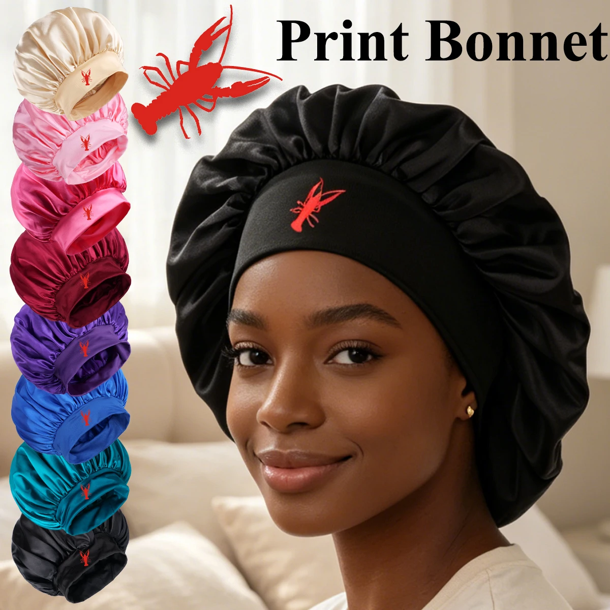 Lobster Print Silk Sleep Cap Unisex Soft Comfortable Design for Nighttime Use Fashionable Ladies Hair Protection Headwear
