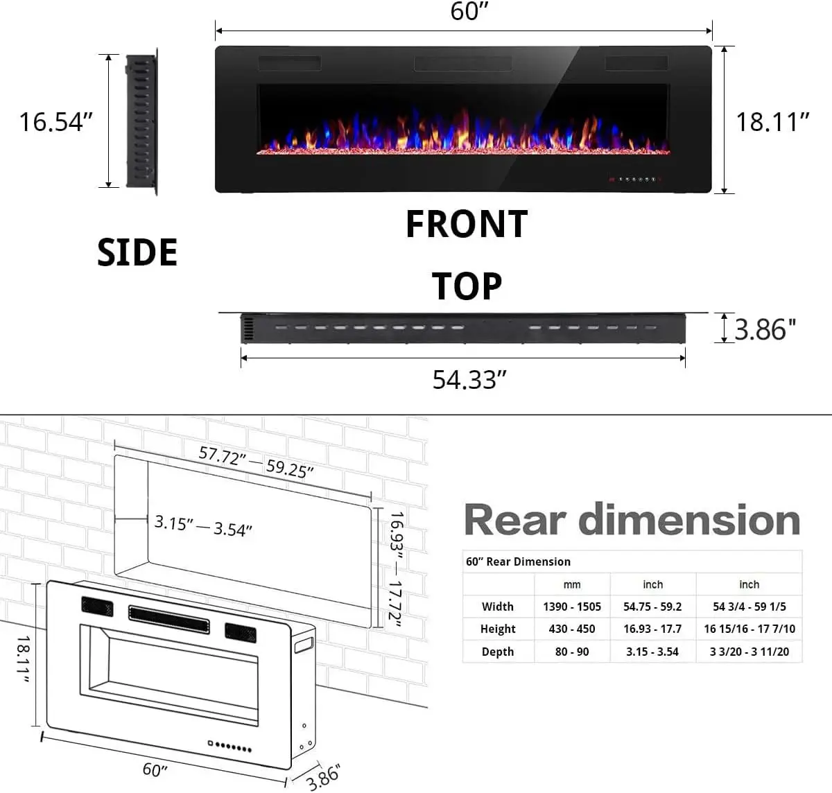 60" Recessed and Wall Mounted Electric Fireplace, Low Noise, Remote Control with Timer, Touch Screen, Adjustable Flame Color