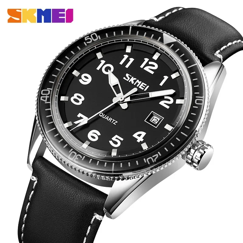 SKMEI-reloj deportivo de lujo para hombre, cronógrafo de cuarzo con correa de cuero, calendario, resistente al agua, esfera Simple, 9232