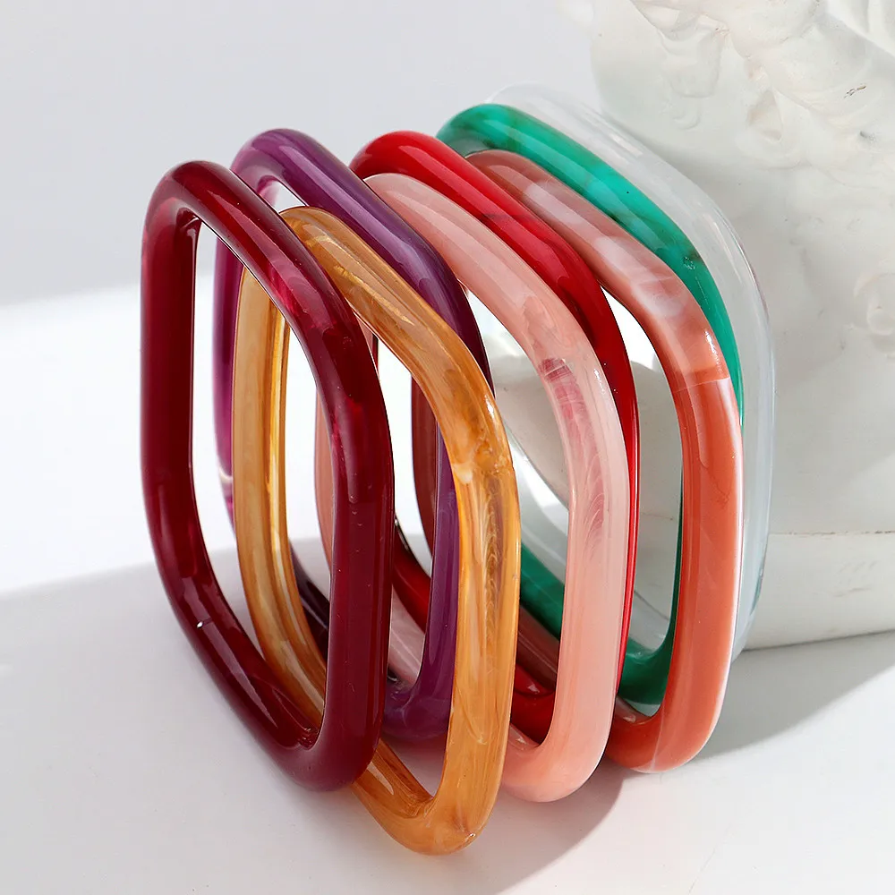 Vintage Marbling Colorful Resin Square Bangle for Women New Statement Acrylic Geometric Stack Cuff Bracelets Boho Jewelry Gifts