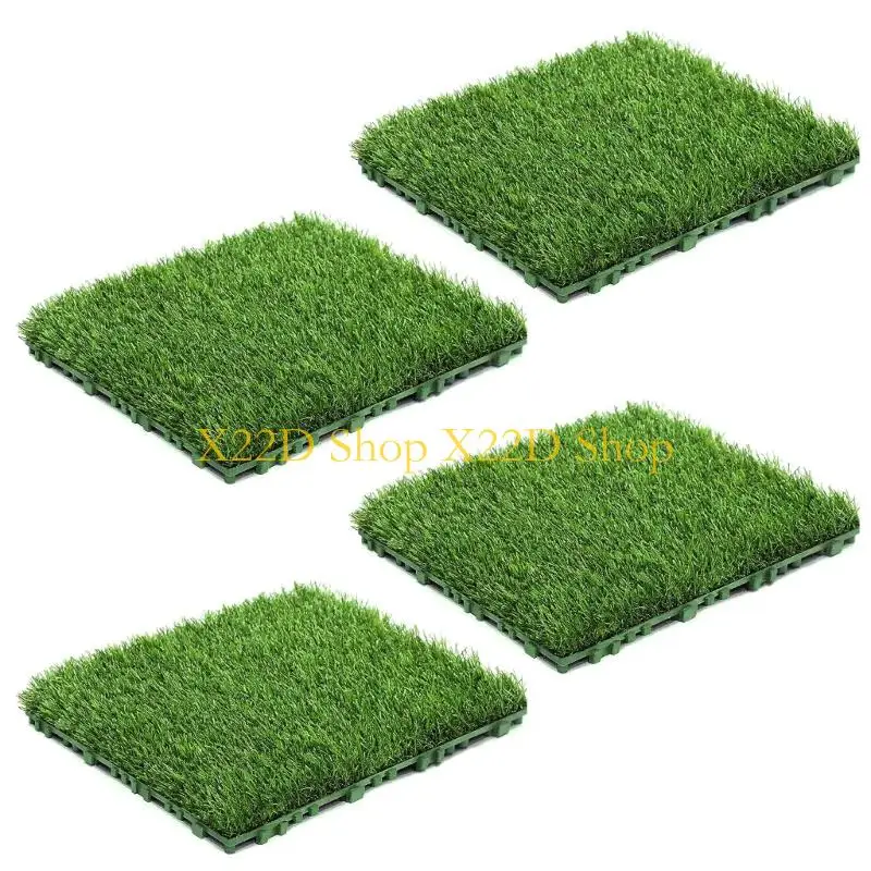 X22D 4Pcs Realistic Grass Turf Tile Square Artificial Grass Mat Flooring Decoration Pad for Garden Indoor Outdoor
