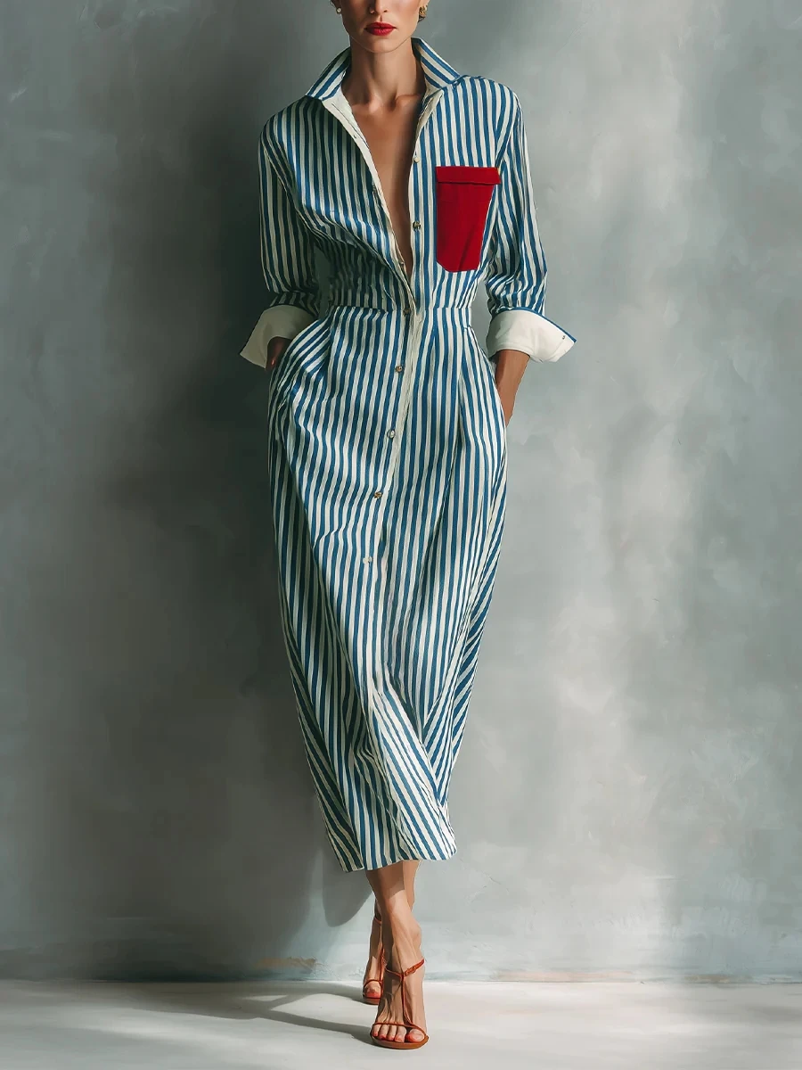 Elegant Striped Print Shirt Dress for Women Casual Turn Down Collar Color Blocking Pocket Long Dresses New Trendy Graceful Robe