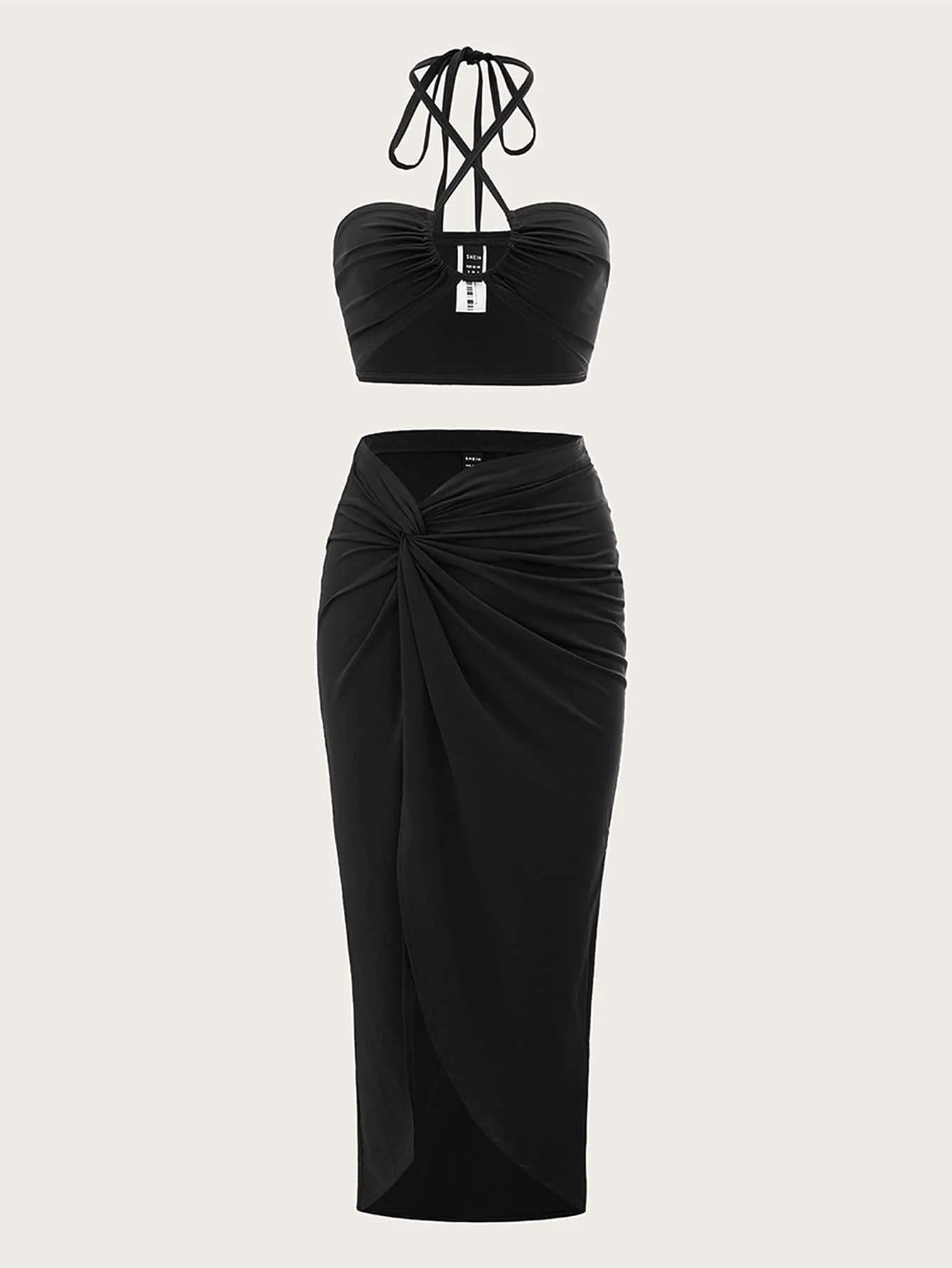 

Black Two-Piece Set: Tie-Back Halter Top & Twist-Front Midi Skirt