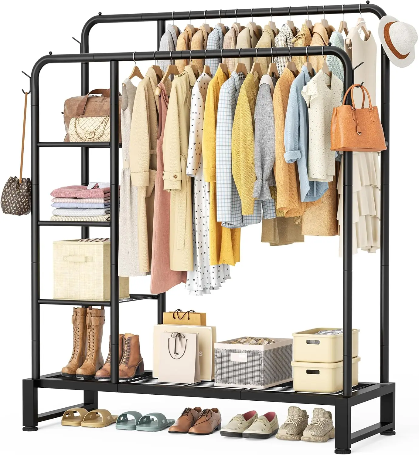 

Double Rod Heavy Duty Clothes Rack with 4 Shelves and Hooks for Bedroom Wardrobe Storage Black