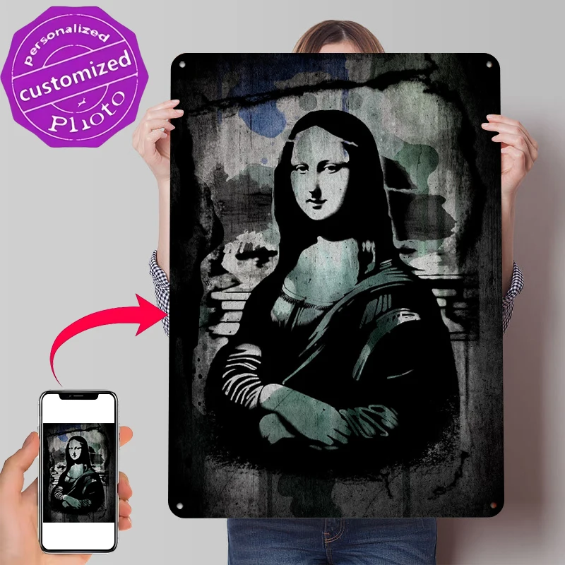 Mona Lisa Street Art Metallposter Individualisierte Wandkunst Retro Vintage Blechschilder für Kaffeebar-Zubehör Bürodekoration Raumdekoration