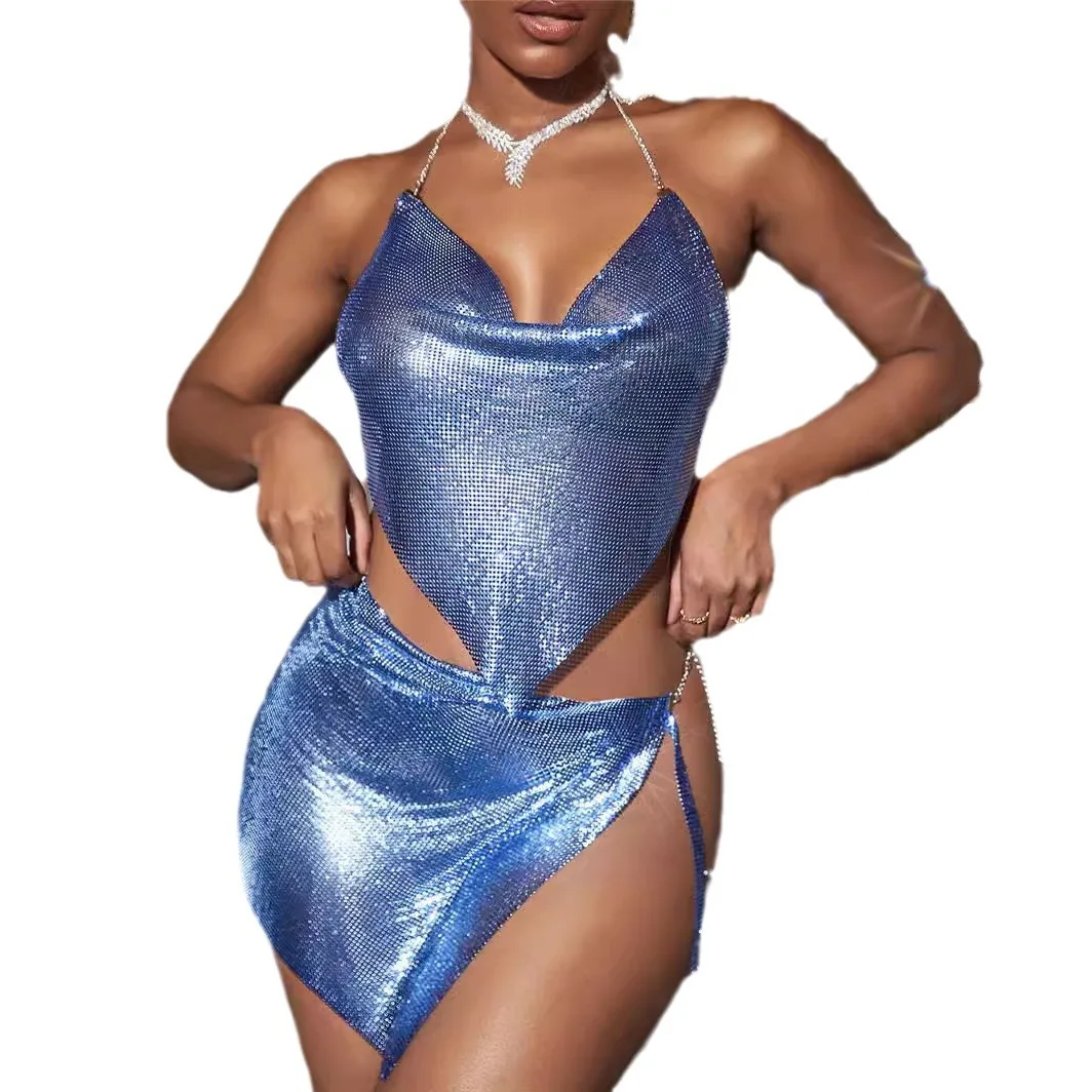 

Blue Temperament Commuting Mid Waist Camisole Style Flying Short Skirt Solid Color Sexy Royal Blue Set LBZ1678