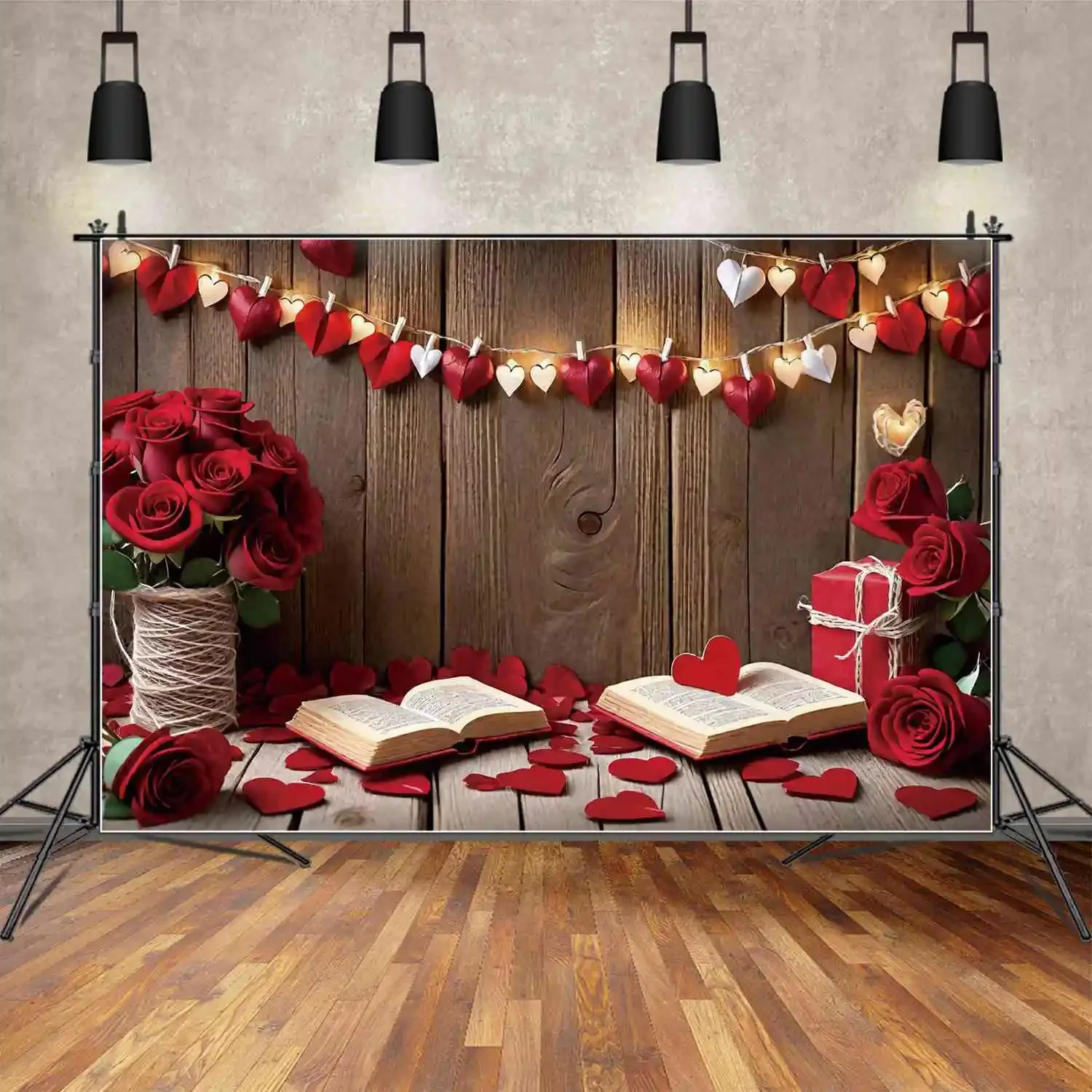 MOON.QG Backdrop Saint Valentine's Day Photo Shoot Background February 14 Banner Rose Heat Wood Plank Women Birthday Party Props