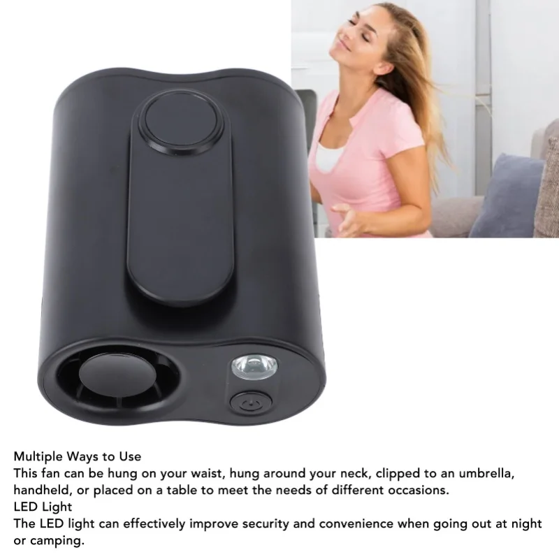 Rechargeable Handheld Waist Fan With LED Light Portable Quiet Hanging Neck Fan For Outdoor Camping Travel Sports Summer Cooling