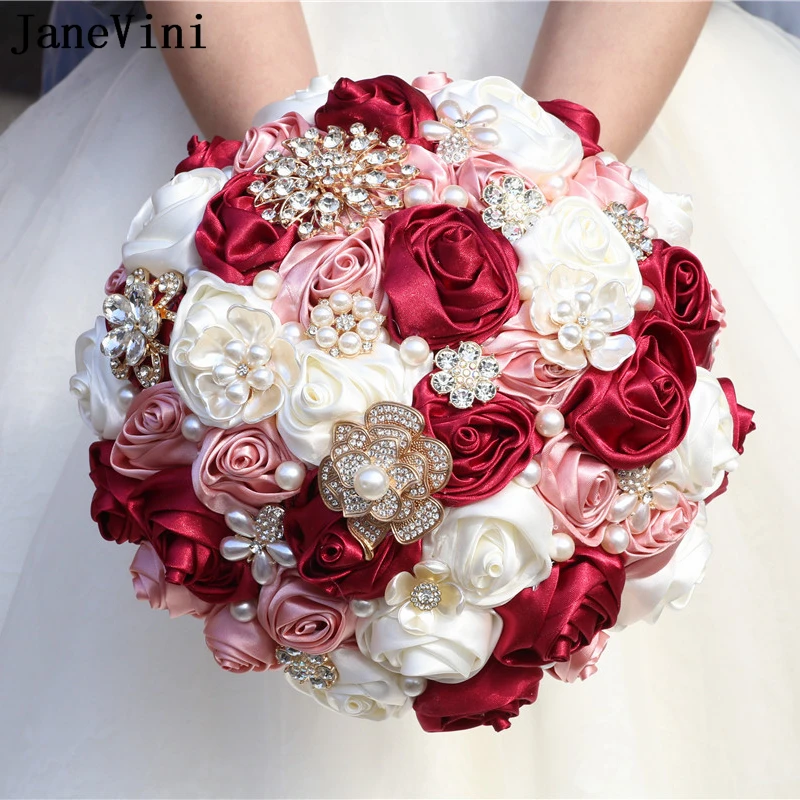 

JaneVini Luxury Rhinestone Crystal Wedding Bouquet Burgundy Ivory Beaded Pearl Satin Bride Artificial Bridal Holding Flowers