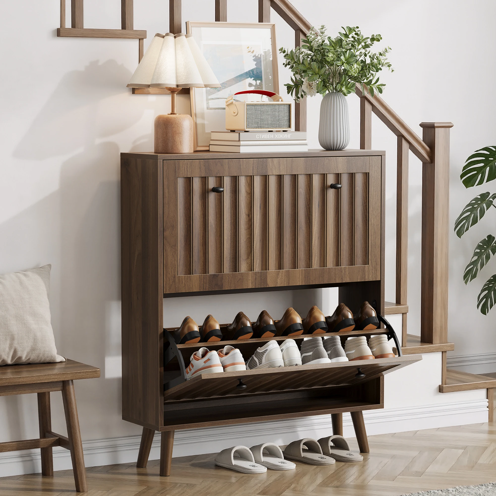 !@Modern Portable Shoe Cabinet Upright Shoe Storage Unit with Vertical Grooved Finish 31.5-inch Walnut-colored Home Furniture