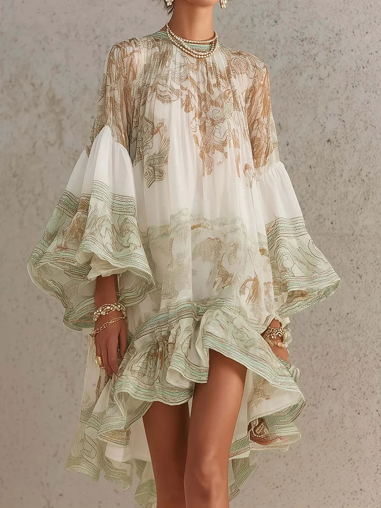 Elegantes O-Ausschnitt Rüschen-Patchwork-Kleid für Damen Sommer Urlaub Trompetenärmel Schicke Partykleider Süßer Stil 2026 Damen Vestidos