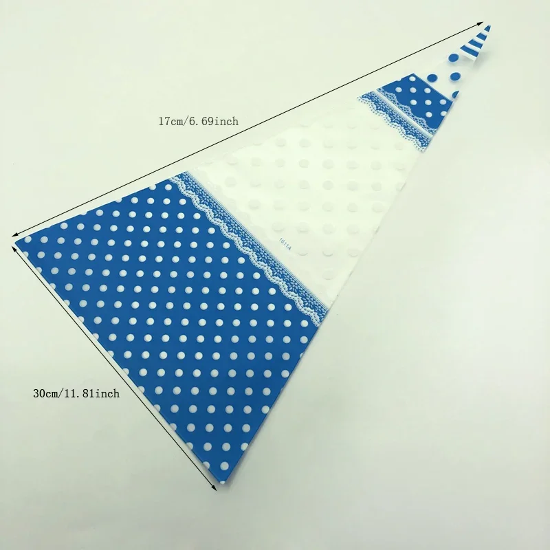 50pcs Blue Dots Cellophane Bags Clear Plastic Candy Gift Bag Triangular Cone-Shaped Treat Popcorn Sugar Bags With Twist Ties