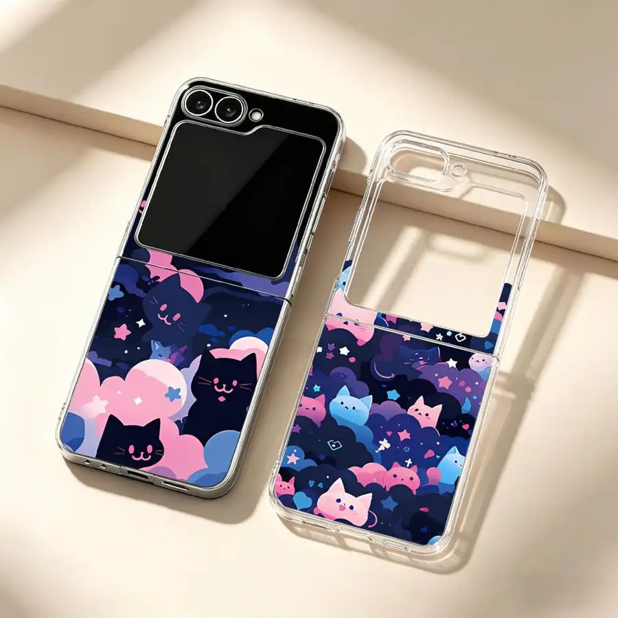 Hard Phone Cover Case for Samsung Galaxy ZFlip 7 ZFlip3 Z Flip 7 6 5 4 3 ZFlip7FE ZFlip4 ZFlip6 ZFlip5 Black Cat Starry Night