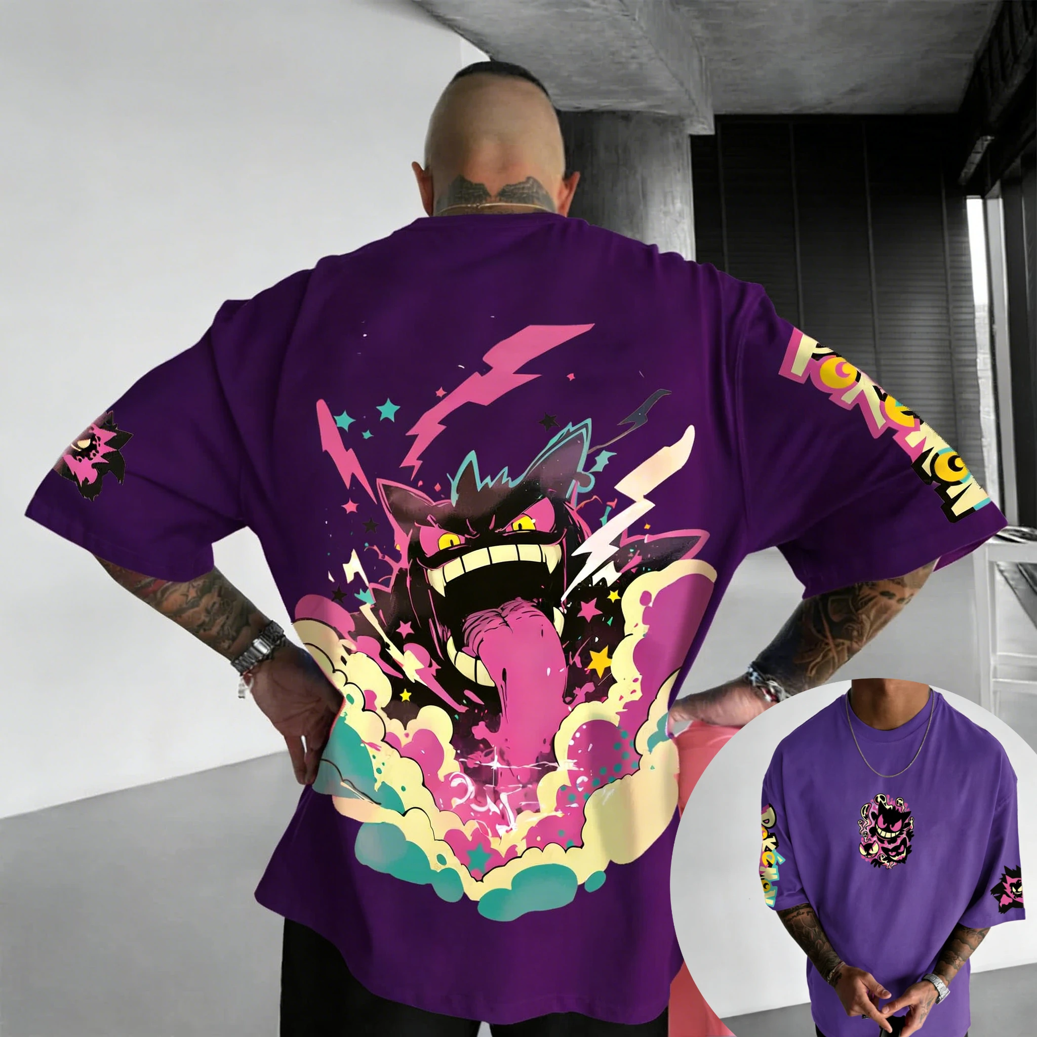 Nieuw Pokemon katoenen T-shirt met Gengar Back Print Roze bliksemblauwe rook en sterreneffecten Loose Fit Heren Dames Casual
