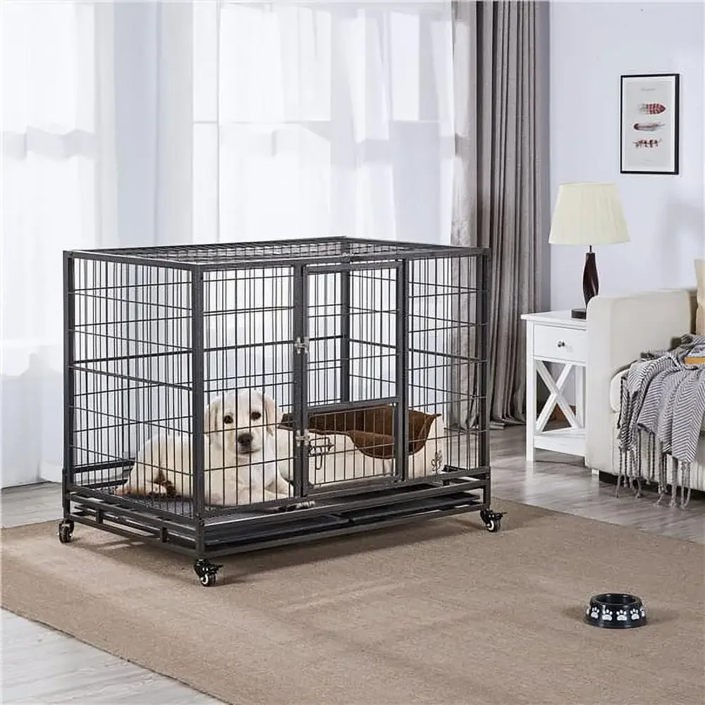 Sturdy Dog Crate Kennel Indoor Outdoor Black Double Door Design Mobility Spacious Medium/Large Dogs Security Lock Easy Cleaning