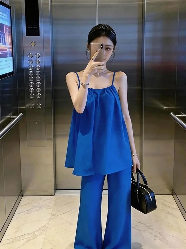 

Klein Blue Stylish Summer New Arrival Two-Piece Set with Strap Vest And Micro Flared Pants High Waist Long Pants Fashionable