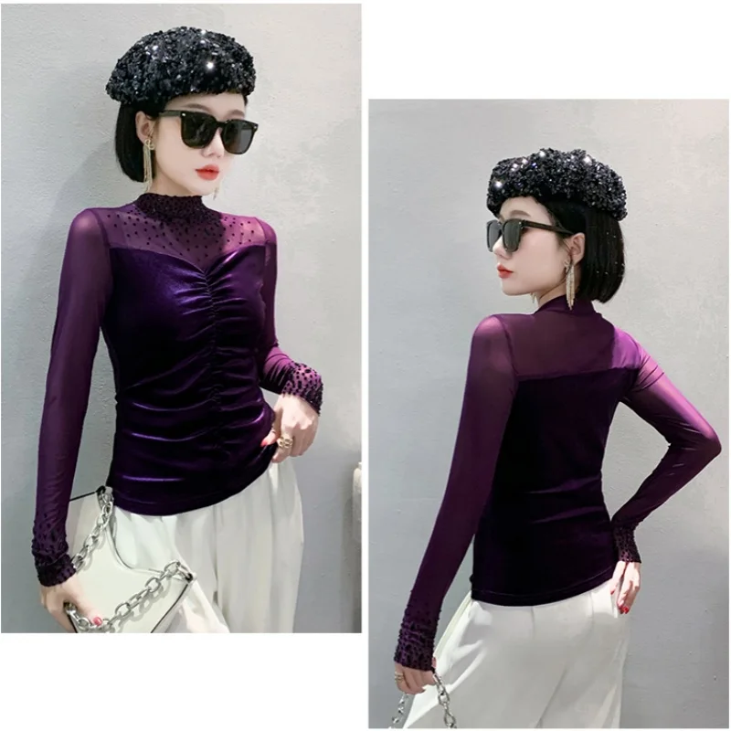 

Модная сетчатая лоскутная бархатная футболка для женщин, осенний новый дизайн, горячий ромбовидный воротник, корейский сексуальный топ, рубашка