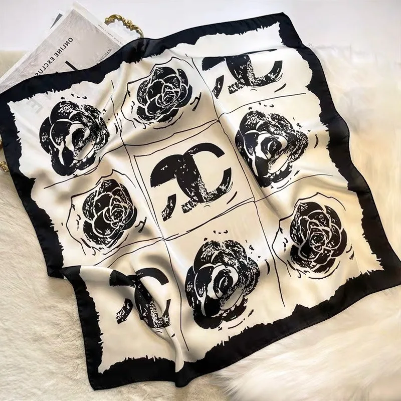 1pcs 70cmC Letter Rose Printed Silk Scarf Women Thin Silk Scarfs High-end Fashion Versatile Clothing Bags Headgear Square Scarf