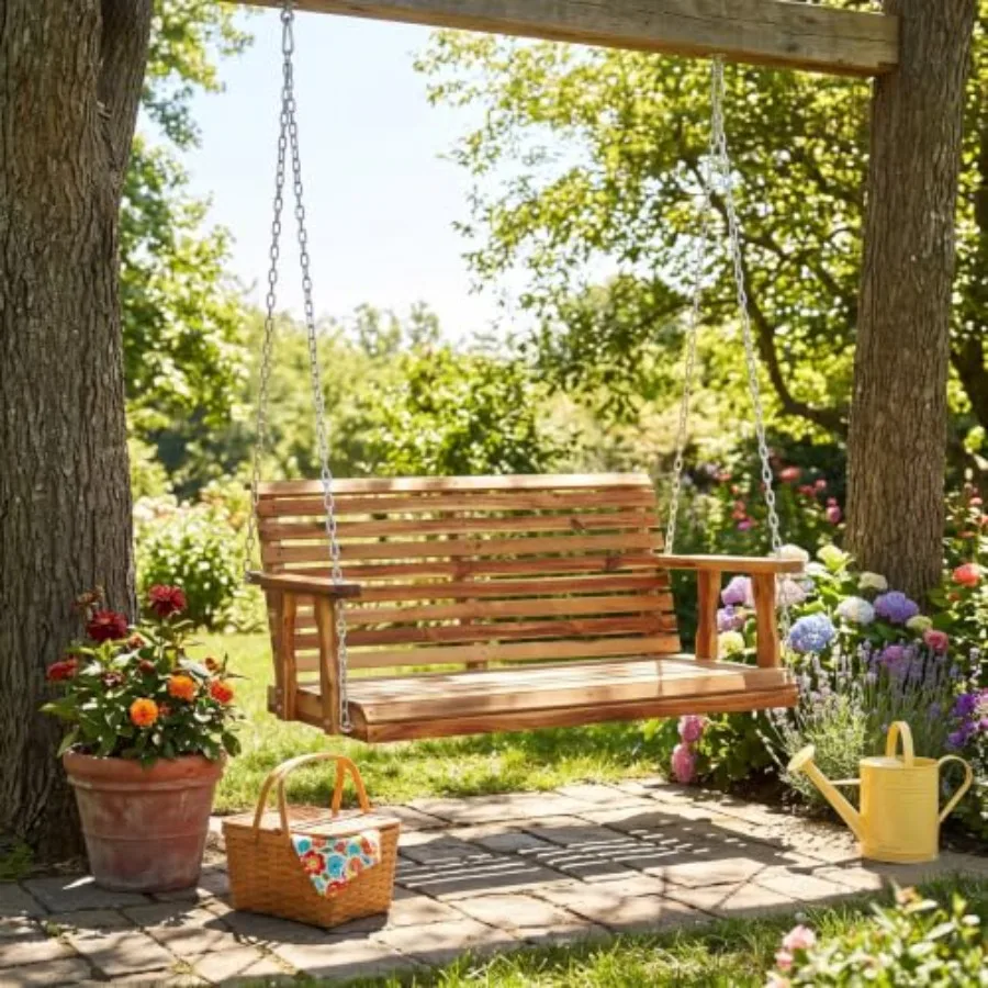 Outdoor 4FT wooden porch swing for patio, garden, backyard, balcony600 LBS capacity, natural wood finish, weather-resistant, in