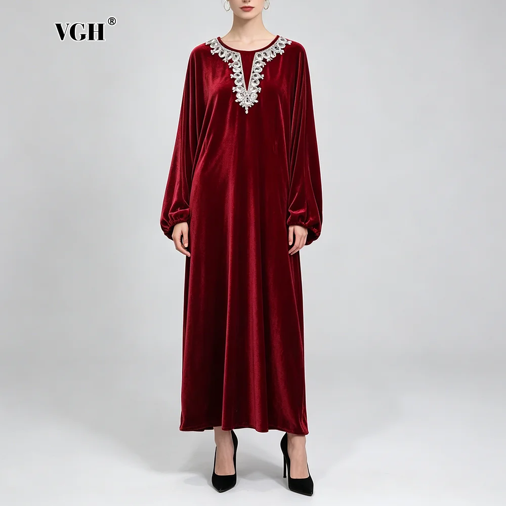 VGH Modest Red Velvet Kaftan Style Dress for Women O Neck Silver Embroidery Accent Loose Long Sleeve Skirt for Wedding Reception