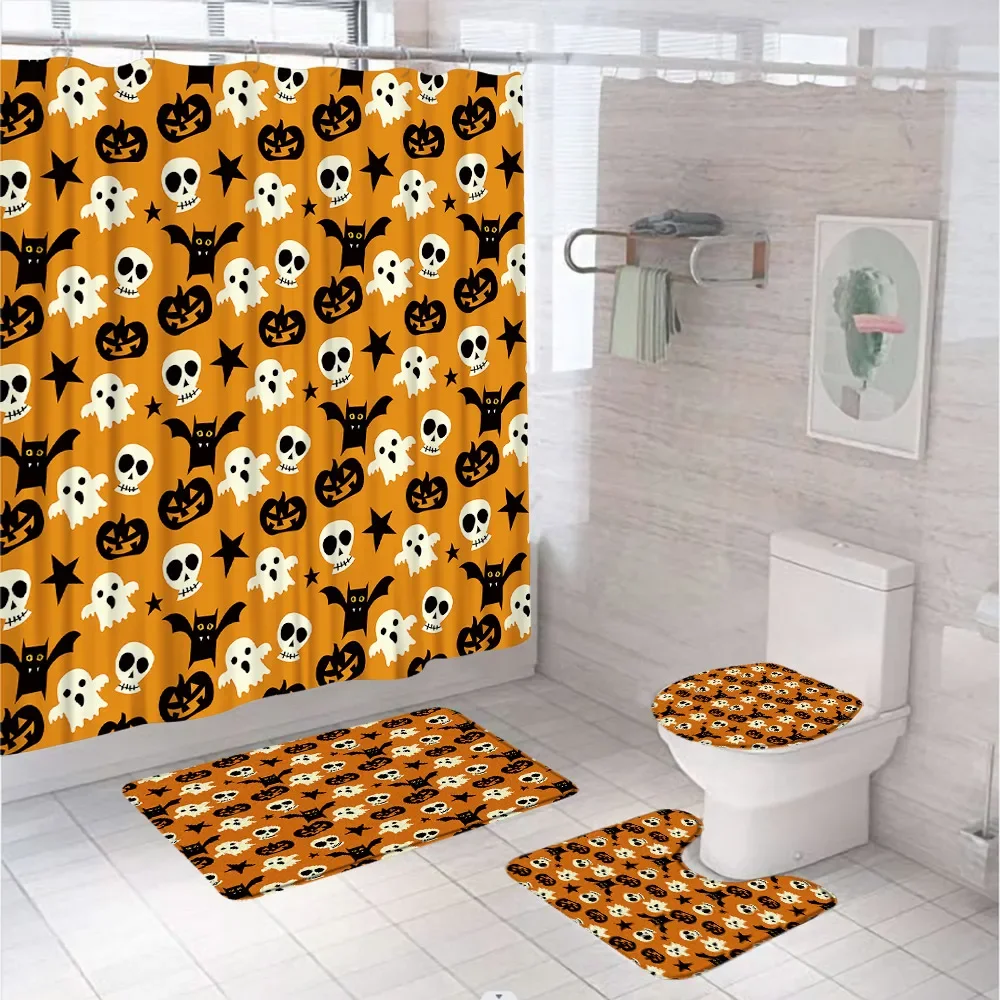 Halloween Pumpkin Shower Curtain Set Non-Slip Rug Toilet Lid Cover Bath Mat Skull Ghost Scary Black Bat Stars Bathroom Curtains