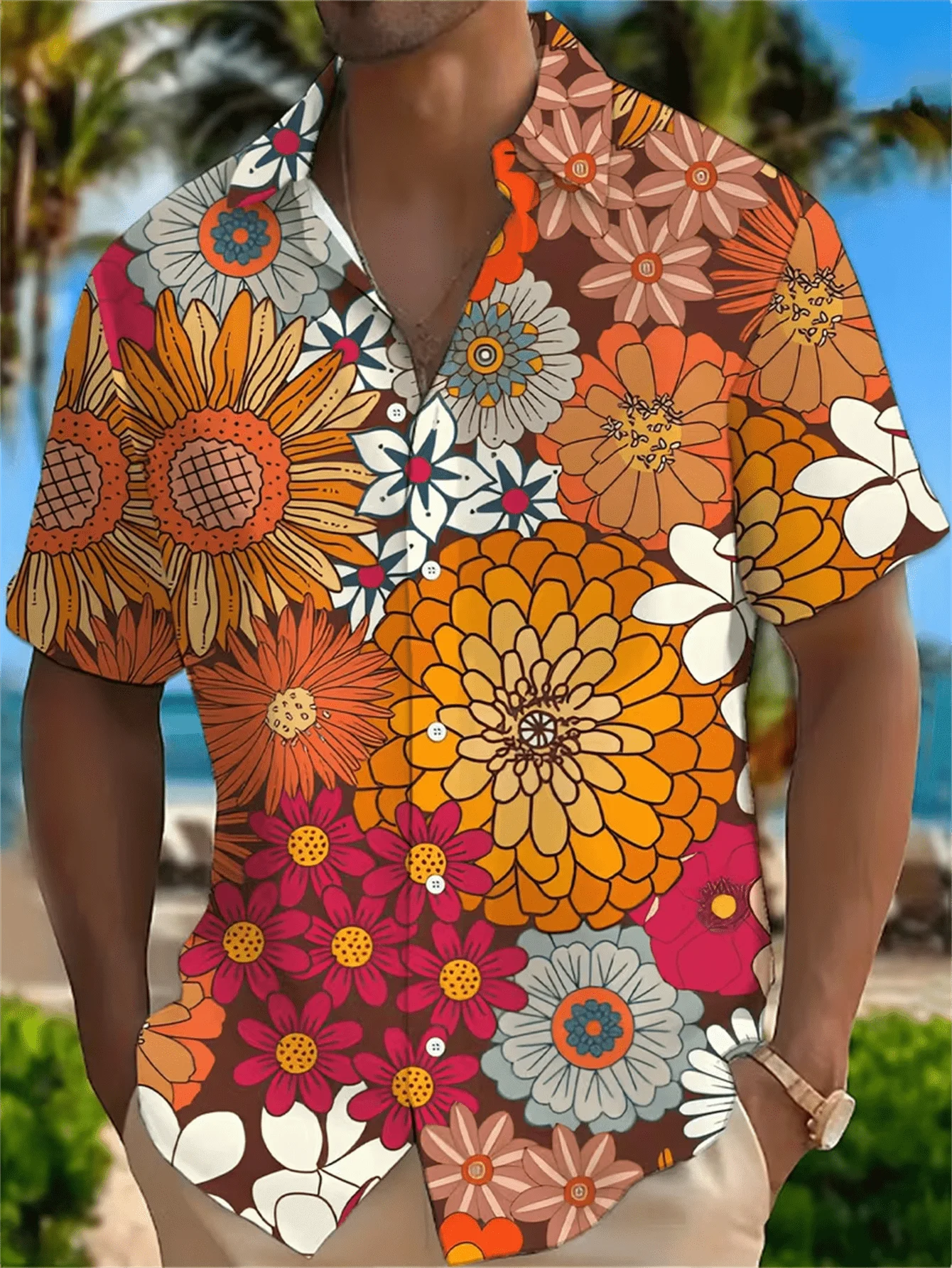 Men's Retro Warm Tone Floral Short Sleeve Shirt Hippie Style Blouse All Over Sunflower Dahlia Print Loose Holiday OutfitsTop