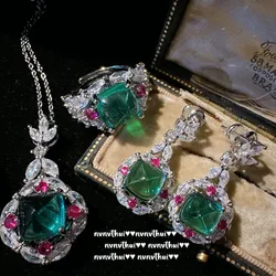 Luxury Vintage Tourmaline Lab Emerald Jewelry Sets for Women Platinum Plating Green Gemstone Inlady Trendy Ring/Earring/Necklace