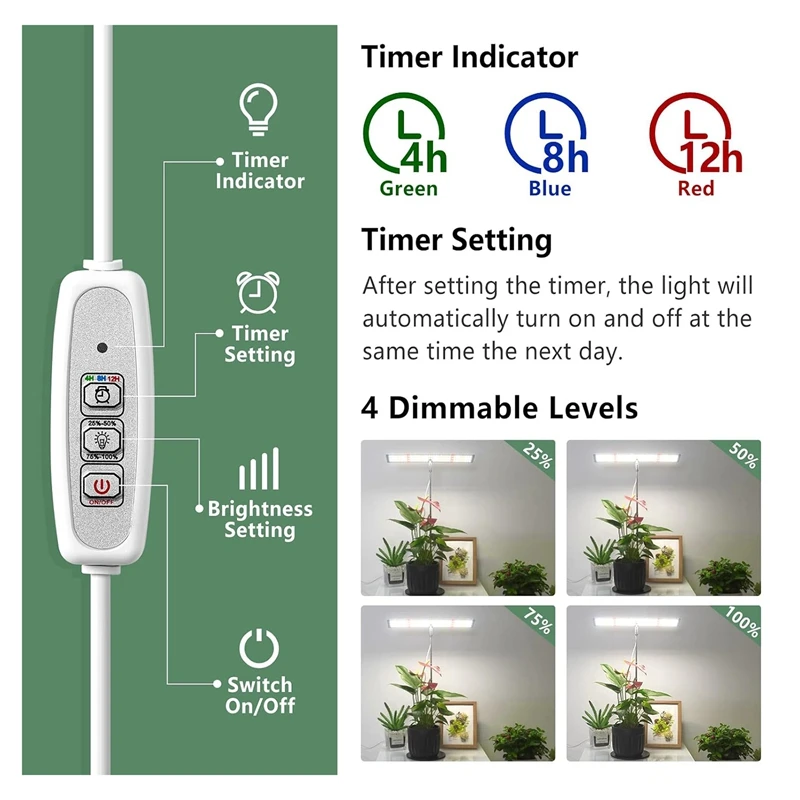 Full Spectrum LED Plant Light Height Adjustable Growing Lamp For Plants, With Auto On/Off Timer 4H/8H/12H